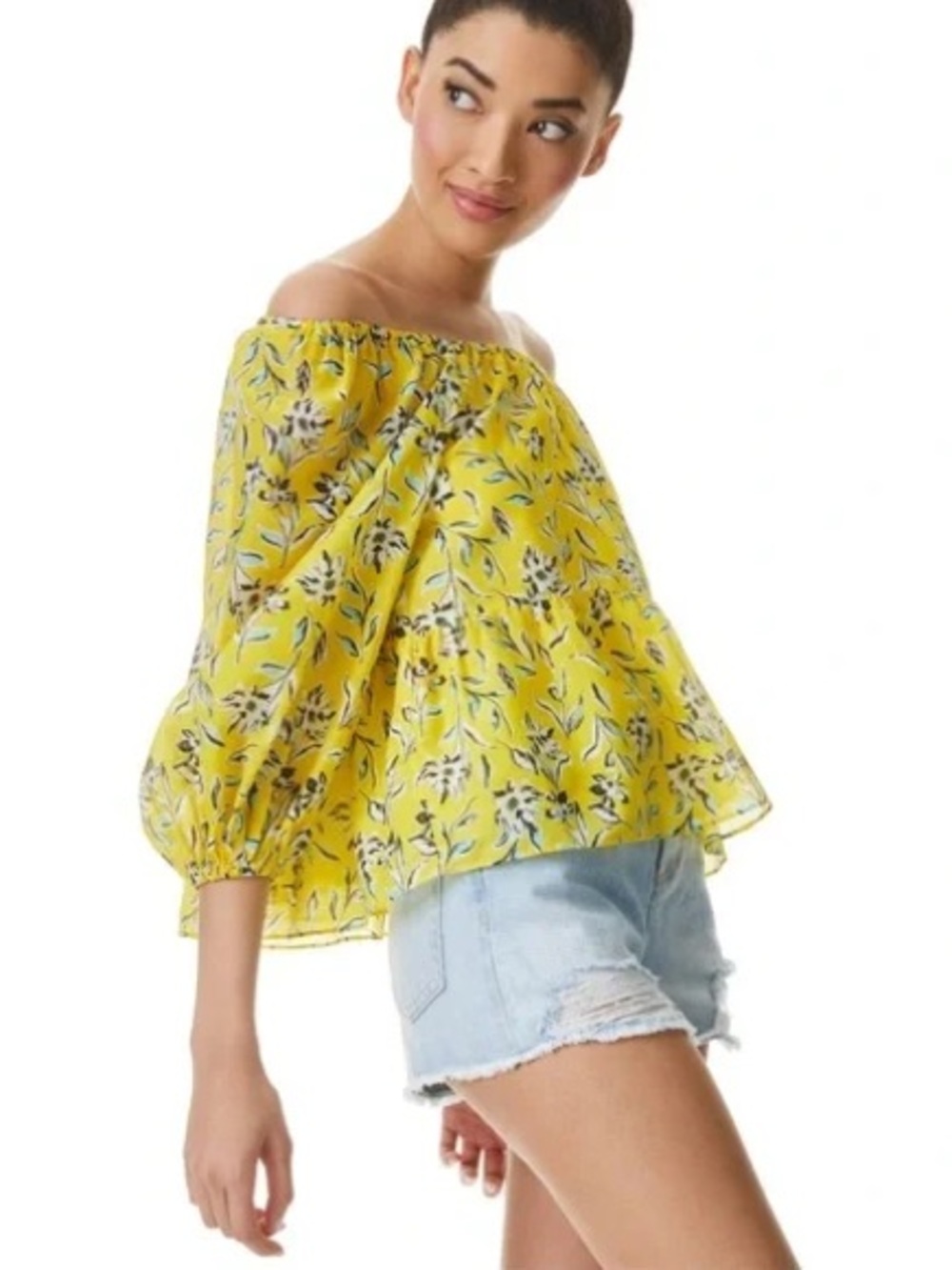 Alice + Olivia Alta Off-the-Shoulder Floral Cotton Silk Peplum Top Yellow Size M